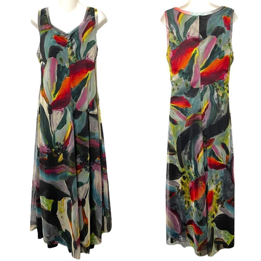 ELANA KATTAN Watercolor V-Neckline Fit N Flare Mesh Midi Dress L